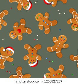 Vector seamless background with realistic christmas gingerbread mans, decorated with icing, on gray-green background
