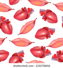 Vector seamless background with realistic red lips, hearts. Fashion illustration. Lips prints wrapping paper. Good for package design