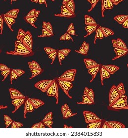 Vector seamless background with red butterfly. Background with butterflies on black. Background for fabric, wallpaper, scrap paper, prints.