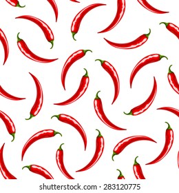 Vector seamless background with red chili peppers on white.