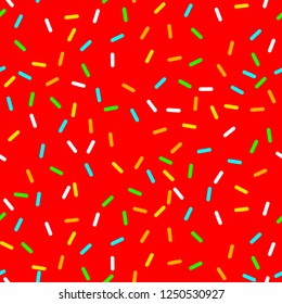 vector Seamless background with red donut glaze. Decorative bright sprinkles texture pattern design art