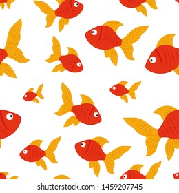 Vector seamless background with red fishes. Cute childrens illustration of fish for packaging, textiles, decor, decor.