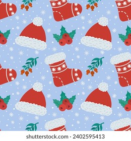 Vector seamless background with red hat, red sock and winter berries.   Illustration of a winter New Year's card. Festive background. Design for wallpaper, wrapping paper, gifts, greeting cards