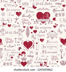 Vector seamless background with red hearts, keys, keyholes, cupids and love theme letterings. Abstract background in retro style with hand written declarations of love in different languages.