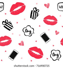 Vector seamless background with red lips, hearts, phone and gifts. Fashion illustration.
Lips prints wrapping paper. Good for package design