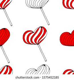 vector seamless background with red lollipop candies in the form of hearts on white background. love, romantic or valentine day seamless pattern.