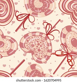 Vector seamless background with red lollipop candies in the form of hearts on beige background. Love, romantic or valentine's day seamless pattern. Print on paper, invitations, background