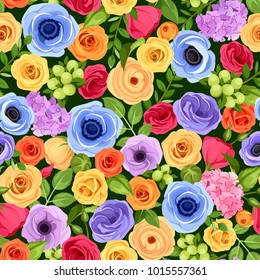 Vector seamless background with red, orange, yellow, blue and purple flowers and green leaves.