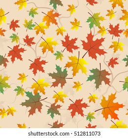Vector seamless background with red, orange, brown and yellow falling autumn leaves. Endless pattern