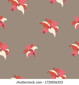 Vector seamless background with red and pink isolated lilies. Light brown background.