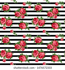 vector seamless background with red roses and black and white stripes