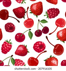 Vector seamless background with red strawberries, raspberries and cherries on white.