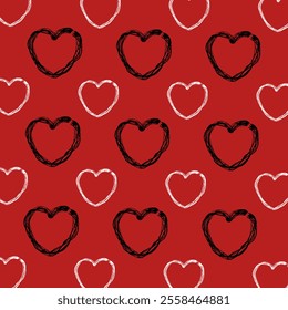 Vector seamless background with repeating hearts. Romantic background with big and small hearts. White and black heart outline. Decorative stroke, red background.Heart,love,romance, holiday, valentine