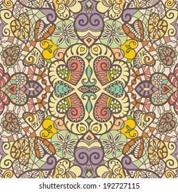 Vector seamless background, retro floral and geometric decoration with hearts, lace pattern, abstract ethnic ornament, hand drawn artwork