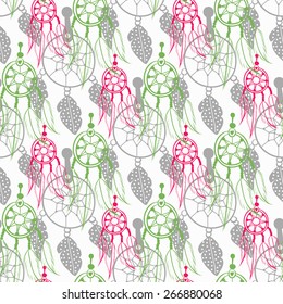 Vector seamless background, retro pattern, ethnic doodle collection, tribal design. Hand drawn illustration with indian dreamcatchers and feathers on the white background