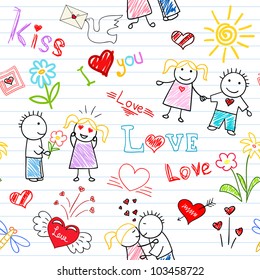 Vector seamless background - romantic couple. Sketch on notebook page