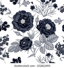 Vector seamless background. Rose, peony.  Design for fabrics, textiles, paper, wallpaper, web. Retro. Vintage style. Floral ornament.