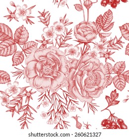 Vector seamless background. Rose, peony. Design for fabrics, textiles, paper, wallpaper, web. Retro. Vintage. Floral ornament. Victorian style.