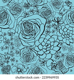 Vector seamless background, roses, peonies, floral background, floral texture, Flowers. Lines, illustrations. Turquoise and black. Drawn by hand.