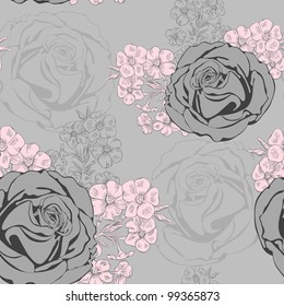 Vector seamless background with roses and phlox.