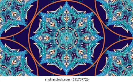 Vector seamless background. Round floral damask pattern. Ethnic pattern on dark backdrop
