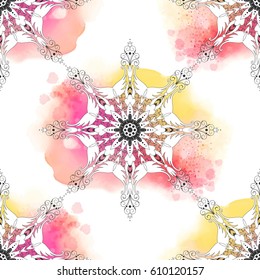 Vector seamless background with round floral pattern on spot watercolor backdrop. 