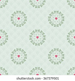 Vector seamless background with round hearts patterns. Delicate ornament on backdrop. All design elements consist of hearts. Wedding or Valentine's Day. 
