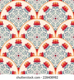 Vector seamless background with a round ornament. Beautiful floral pattern with fantasy flowers.