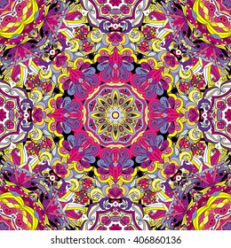 Vector seamless background with a round ornament. Oriental floral pattern. Violet lilac yellow ornate background.