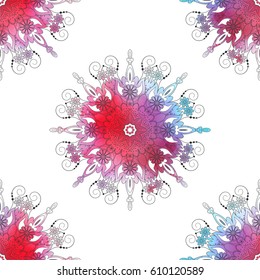 Vector seamless background with round ornament and watercolor on backdrop.