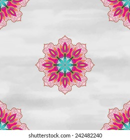 Vector seamless background. Round paisley fantastic floral pattern on watercolor background. Hand drawing.