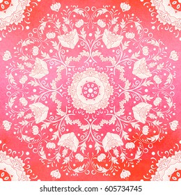 Vector seamless background with round pattern. Floral ornament in style of chinese porcelain painting. Red watercolor background. Hand drawing.