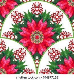 Vector seamless background. Round pattern with Christmas stars and holly
