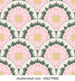 Vector seamless background. Round peonies pattern. Illustration imitates traditional Chinese ink painting. 