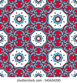 Vector seamless background. Round texture. Endless hand-drawn colorful pattern. Use for wallpaper, textile, book cover, clothes, carpet. Make in white, red and blue colors