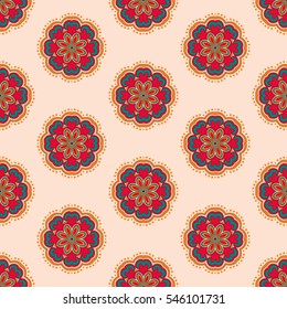 Vector seamless background. Round texture. Endless hand-drawn colorful pattern. Use for wallpaper, textile, book cover, clothes. Make in orange, light blue and red colors