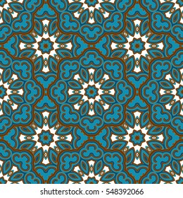 Vector seamless background. Round texture. Endless hand-drawn colorful pattern. Use for wallpaper, textile, book cover, clothes. Make in brown, white and blue colors