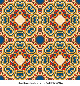 Vector seamless background. Round texture. Endless hand-drawn colorful pattern. Use for wallpaper, textile, book cover, clothes. Make in blue, yellow and red colors