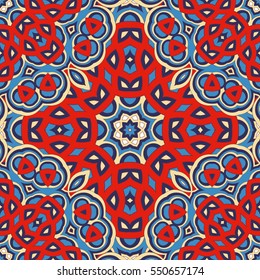 Vector seamless background. Round texture. Endless hand-drawn colorful pattern. Use for wallpaper, textile, book cover, clothes. Make in yellow, blue and red colors