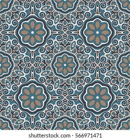 Vector seamless background. Round texture. Endless hand-drawn colorful pattern. Use for wallpaper, textile, book cover, clothes. Make in blue, white and brown colors