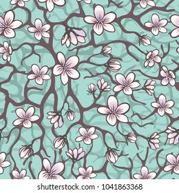 Vector seamless background with sakura blossoms, brunches and foliage. Eps outlined illustration in shades of blue