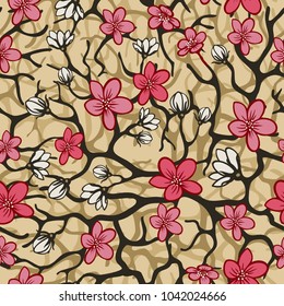 Vector seamless background with sakura blossoms, brunches and foliage. Eps outlined illustration in shades of brown