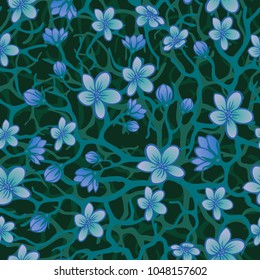 Vector seamless background with sakura blossoms, brunches and foliage. Eps outlined illustration in shades of blue
