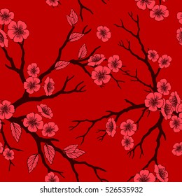 Vector seamless background with sakura blossoms, brunches and foliage. Eps outlined illustration in shades of red.