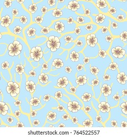 Vector seamless background with sakura blossoms and folliage. Black white eps outlined illustration. Eps-8