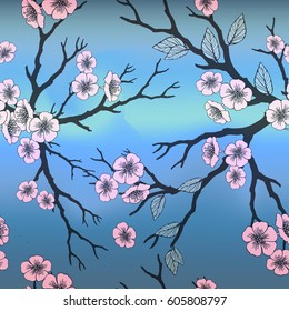 Vector seamless background with sakura brunch and blossoms on blue sky. Eps-10