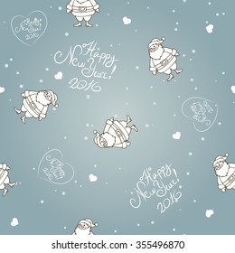 Vector seamless background with Santa, lettering and hearts. Hand drawn doodle  background. 