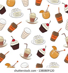 Vector seamless background. A set of drinks, pastries and sweets. Design for fabrics, textiles, paper, wallpaper, web. Retro. Vintage style.