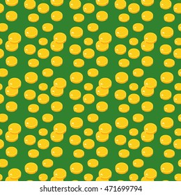 Vector seamless background with shiny golden coins on green background. Vector seamless pattern with gold coins. Seamless money background. Green and yellow cash background.