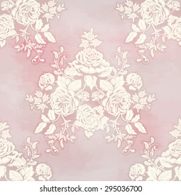 Vector seamless background. Silhouette of a bouquet victorian garden roses on watercolor backdrop. Hand drawing in vintage style